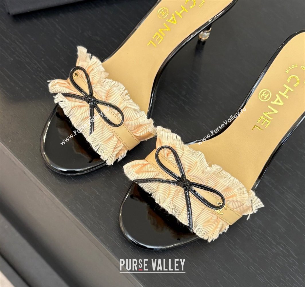 Chanel Lambskin Satin Heel Slides Sandal 8cm with Bow and Fringe Beige 2025 CH030309 (MD-250303093)