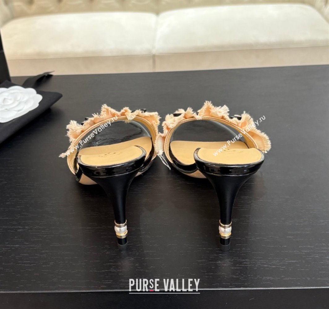 Chanel Lambskin Satin Heel Slides Sandal 8cm with Bow and Fringe Beige 2025 CH030309 (MD-250303093)