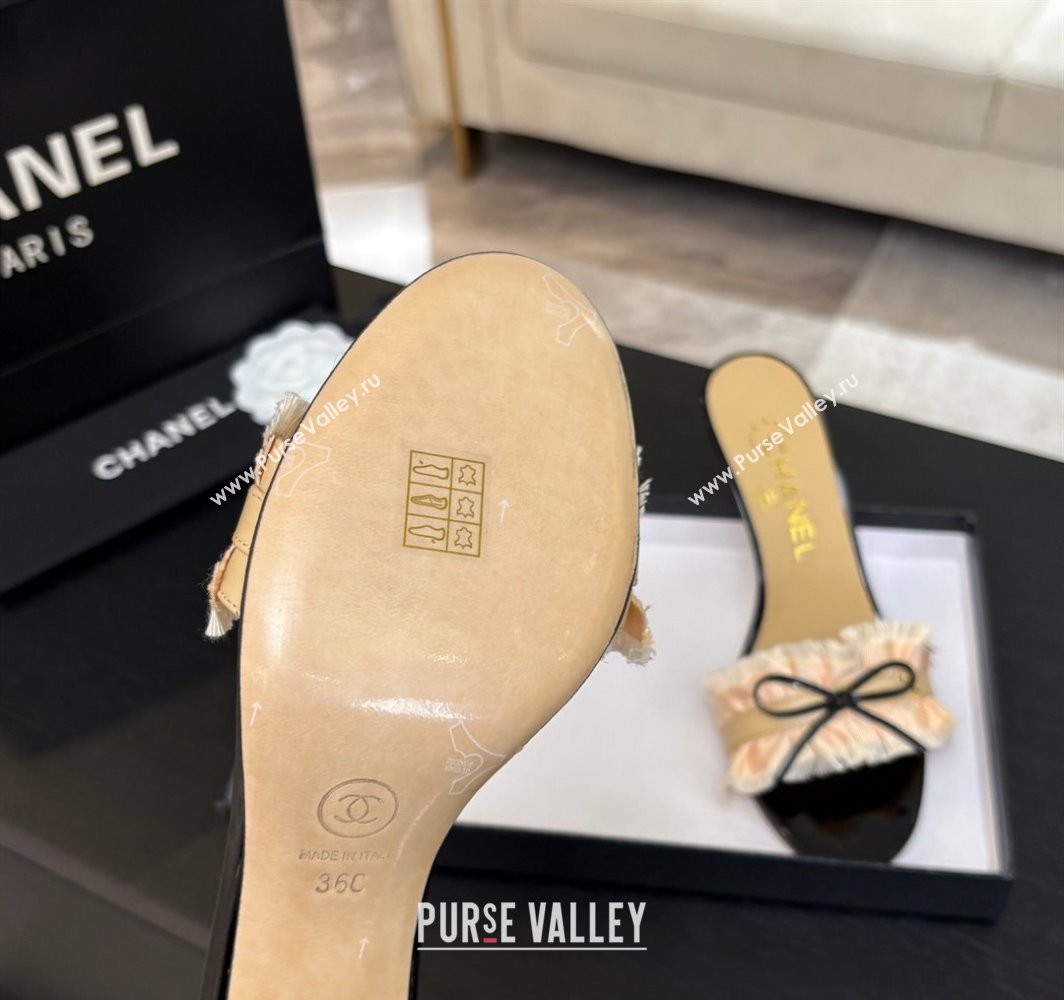 Chanel Lambskin Satin Heel Slides Sandal 8cm with Bow and Fringe Beige 2025 CH030309 (MD-250303093)