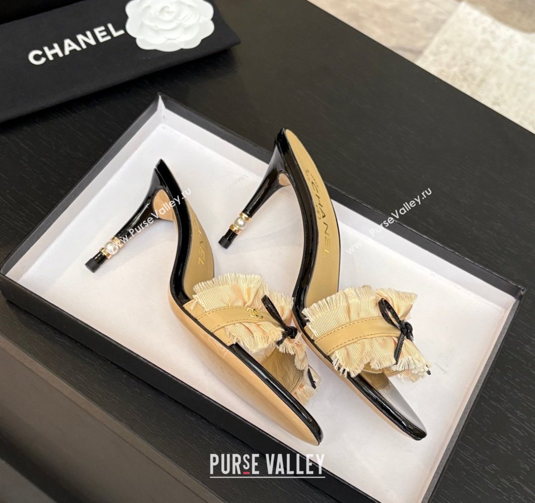 Chanel Lambskin Satin Heel Slides Sandal 8cm with Bow and Fringe Beige 2025 CH030309 (MD-250303093)