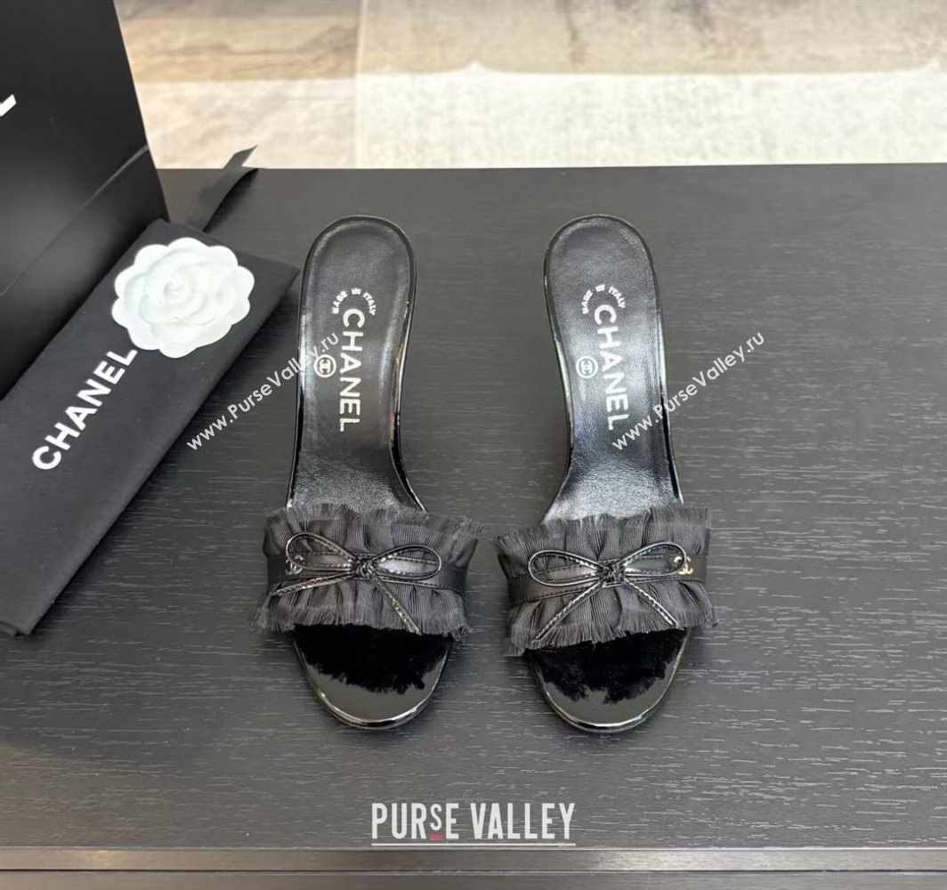 Chanel Lambskin Satin Heel Slides Sandal 8cm with Bow and Fringe Black 2025 CH030309 (MD-250303094)
