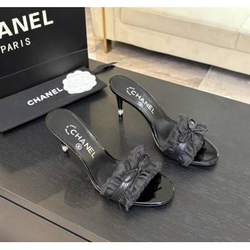 Chanel Lambskin Satin Heel Slides Sandal 8cm with Bow and Fringe Black 2025 CH030309 (MD-250303094)