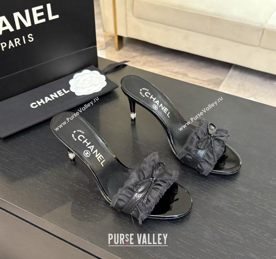 Chanel Lambskin Satin Heel Slides Sandal 8cm with Bow and Fringe Black 2025 CH030309 (MD-250303094)