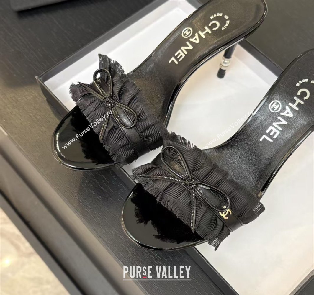 Chanel Lambskin Satin Heel Slides Sandal 8cm with Bow and Fringe Black 2025 CH030309 (MD-250303094)