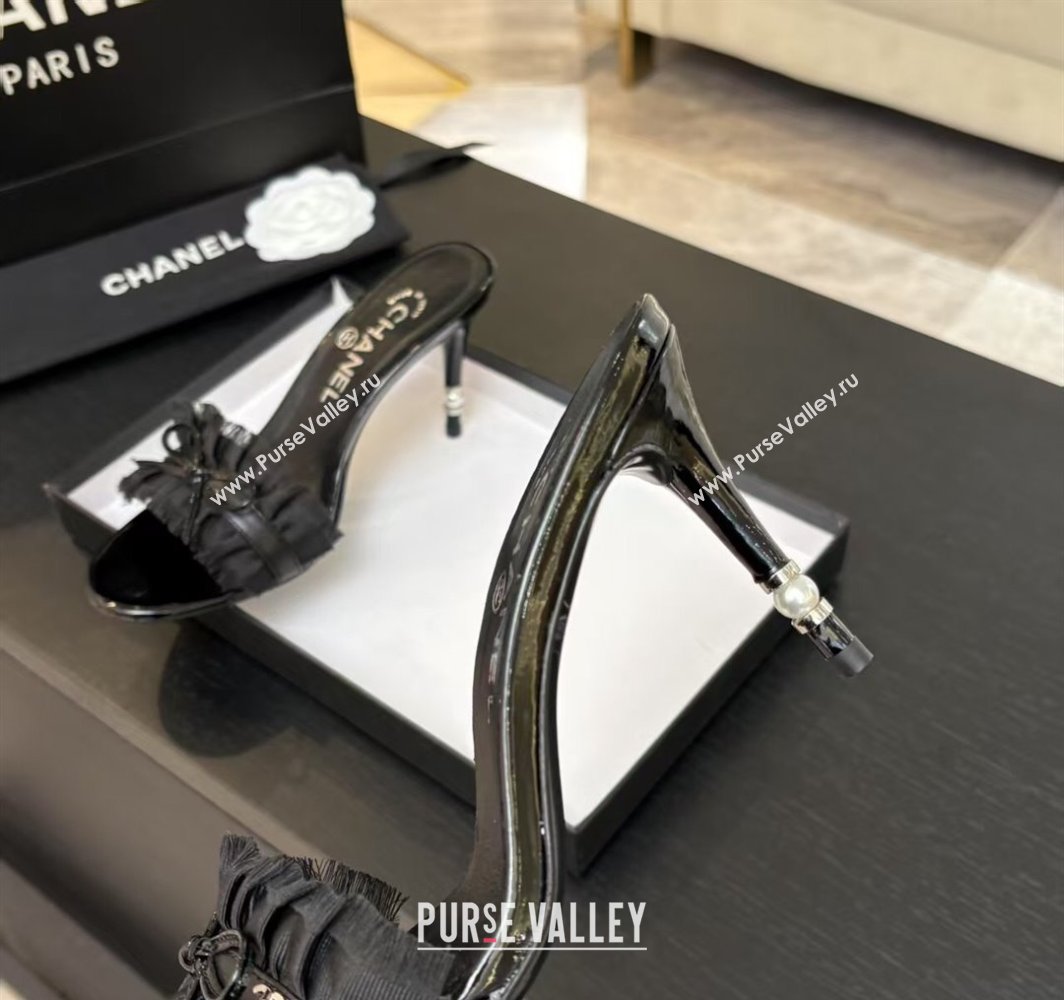 Chanel Lambskin Satin Heel Slides Sandal 8cm with Bow and Fringe Black 2025 CH030309 (MD-250303094)