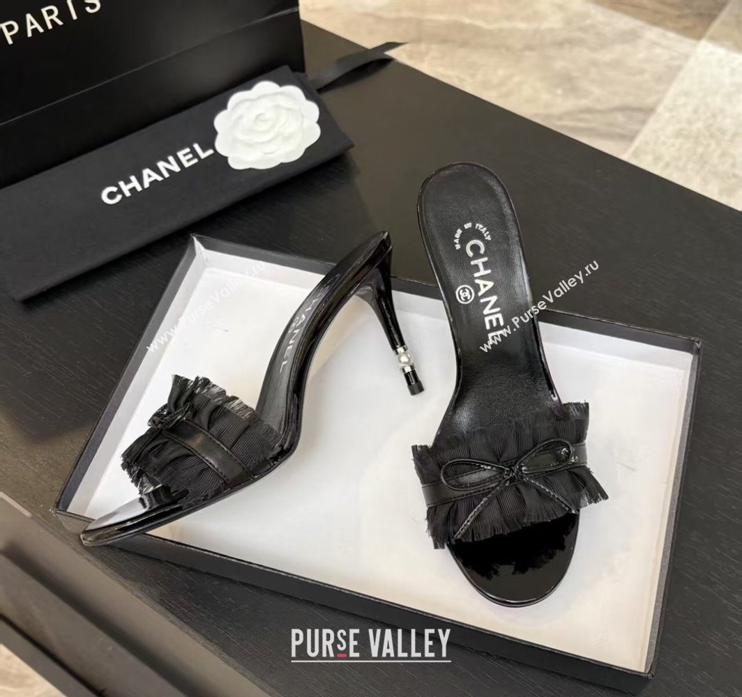 Chanel Lambskin Satin Heel Slides Sandal 8cm with Bow and Fringe Black 2025 CH030309 (MD-250303094)