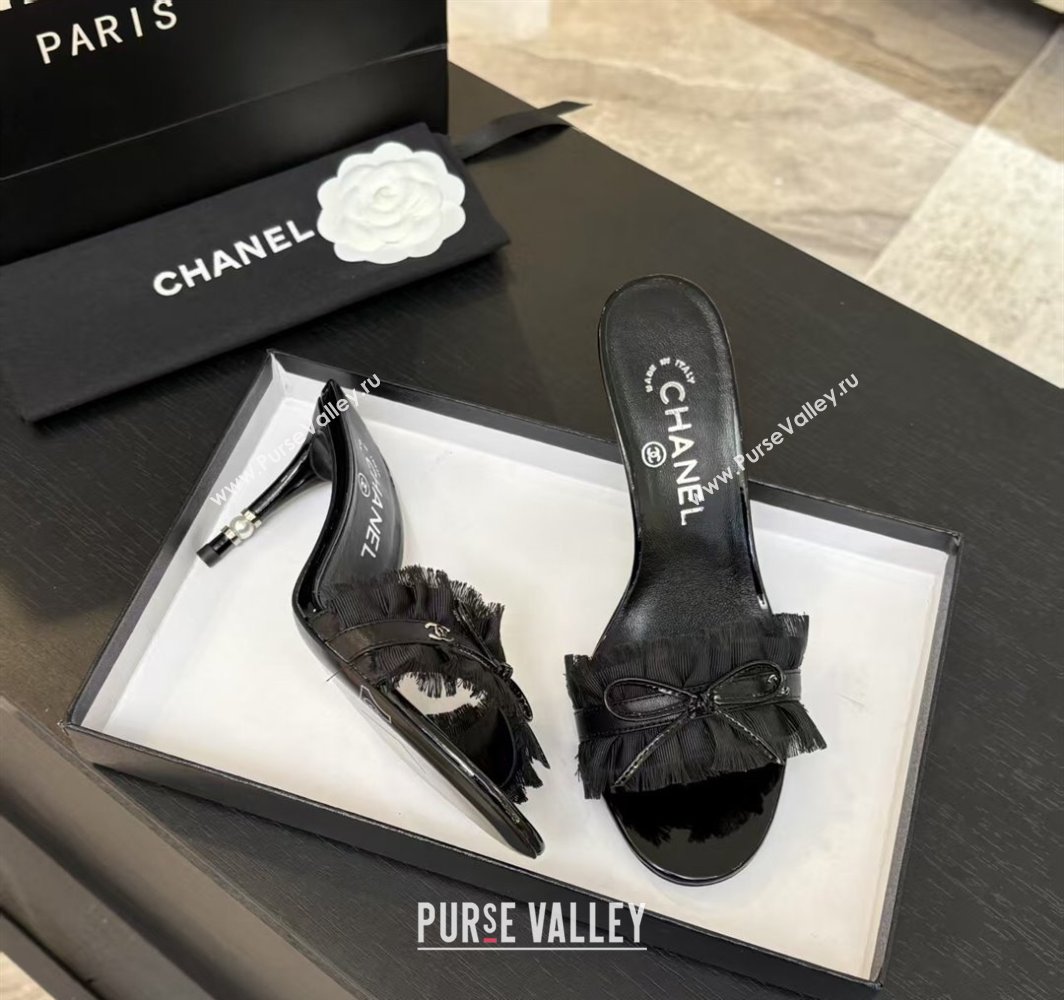 Chanel Lambskin Satin Heel Slides Sandal 8cm with Bow and Fringe Black 2025 CH030309 (MD-250303094)