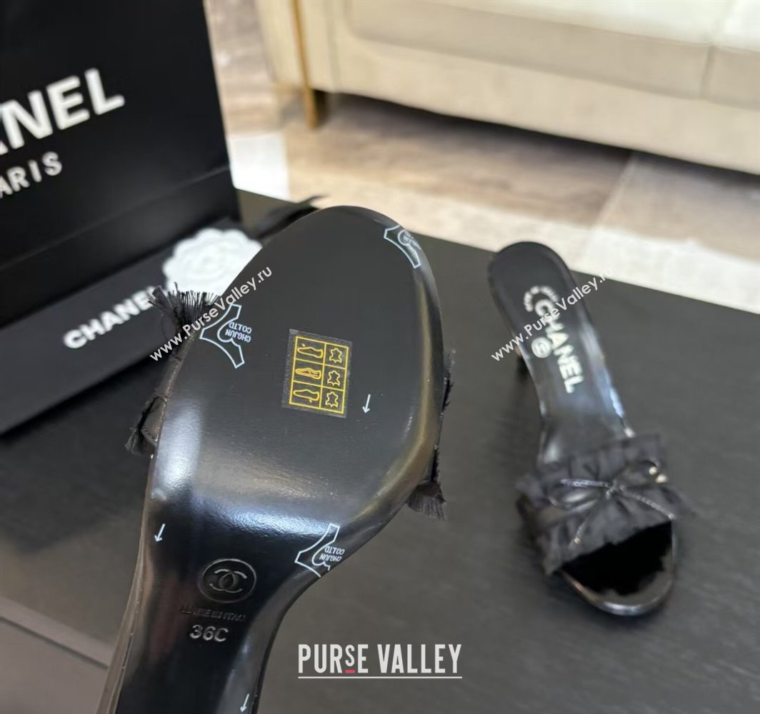 Chanel Lambskin Satin Heel Slides Sandal 8cm with Bow and Fringe Black 2025 CH030309 (MD-250303094)