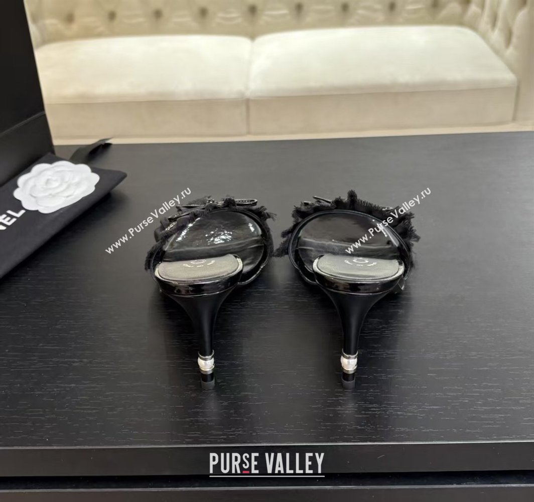 Chanel Lambskin Satin Heel Slides Sandal 8cm with Bow and Fringe Black 2025 CH030309 (MD-250303094)