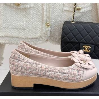 Chanel Tweed Wood-Like Loafers 4cm with Camellia Bloom Light Pink 2025 CH030305 (MD-250303042)