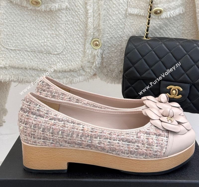 Chanel Tweed Wood-Like Loafers 4cm with Camellia Bloom Light Pink 2025 CH030305 (MD-250303042)