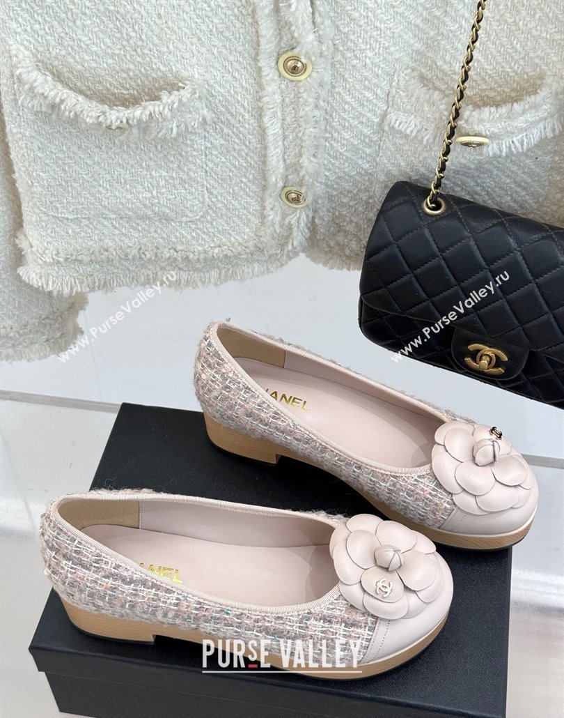 Chanel Tweed Wood-Like Loafers 4cm with Camellia Bloom Light Pink 2025 CH030305 (MD-250303042)