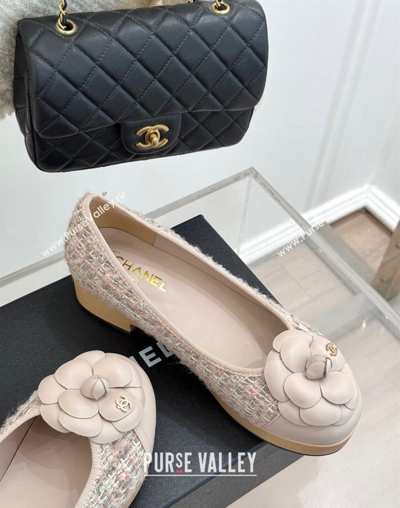 Chanel Tweed Wood-Like Loafers 4cm with Camellia Bloom Light Pink 2025 CH030305 (MD-250303042)