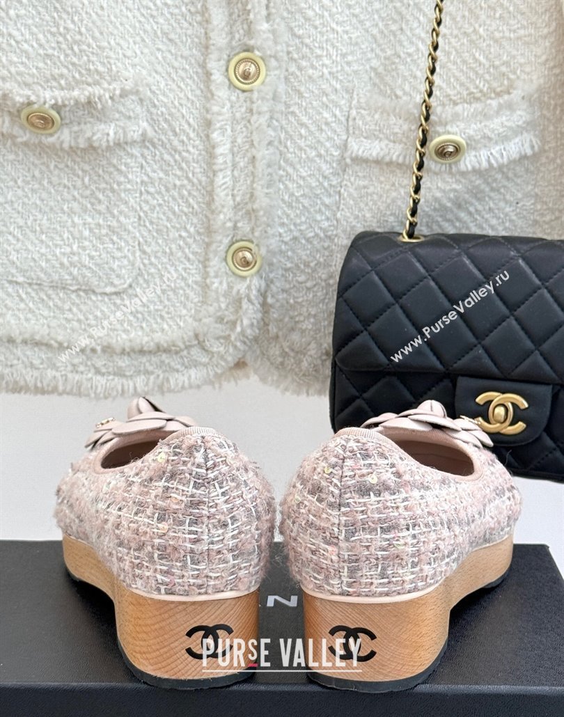 Chanel Tweed Wood-Like Loafers 4cm with Camellia Bloom Light Pink 2025 CH030305 (MD-250303042)
