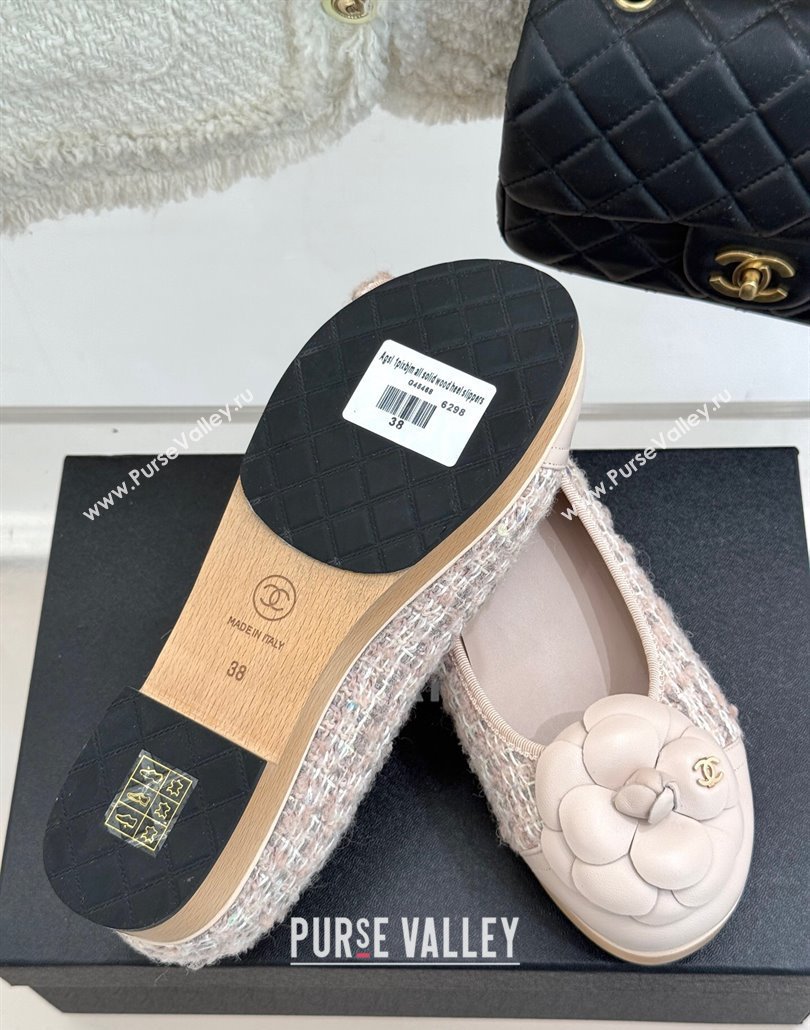 Chanel Tweed Wood-Like Loafers 4cm with Camellia Bloom Light Pink 2025 CH030305 (MD-250303042)