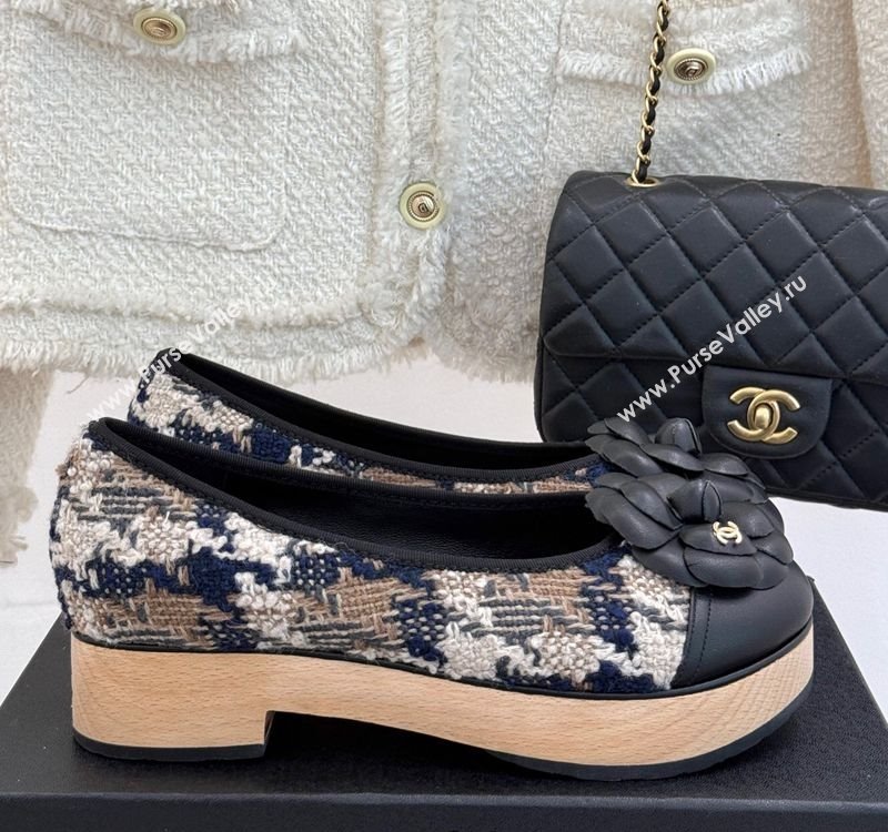 Chanel Tweed Wood-Like Loafers 4cm with Camellia Bloom Black/Beige 2025 CH030305 (MD-250303043)