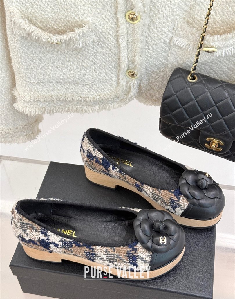Chanel Tweed Wood-Like Loafers 4cm with Camellia Bloom Black/Beige 2025 CH030305 (MD-250303043)