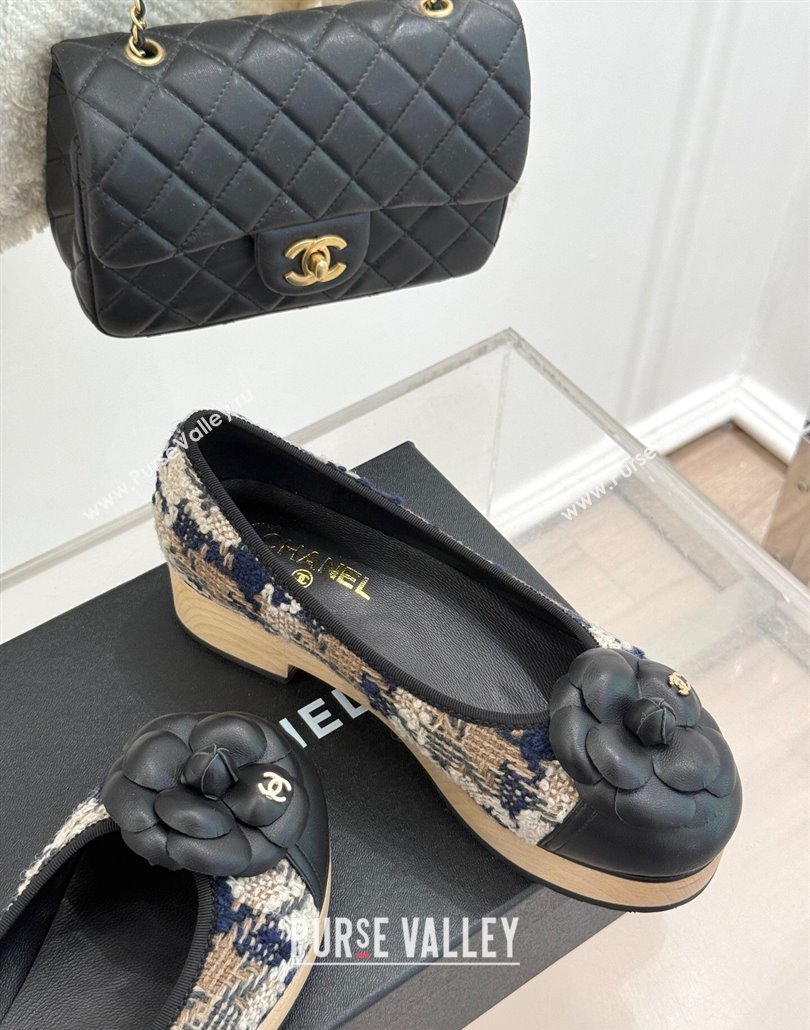 Chanel Tweed Wood-Like Loafers 4cm with Camellia Bloom Black/Beige 2025 CH030305 (MD-250303043)