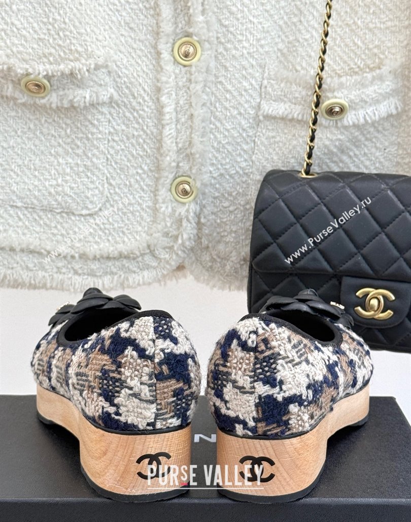 Chanel Tweed Wood-Like Loafers 4cm with Camellia Bloom Black/Beige 2025 CH030305 (MD-250303043)