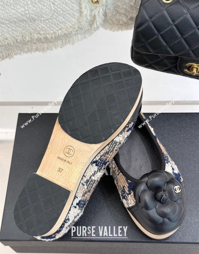 Chanel Tweed Wood-Like Loafers 4cm with Camellia Bloom Black/Beige 2025 CH030305 (MD-250303043)