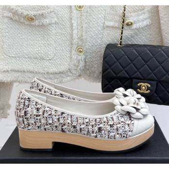 Chanel Tweed Wood-Like Loafers 4cm with Camellia Bloom White/Brown 2025 CH030305 (MD-250303044)