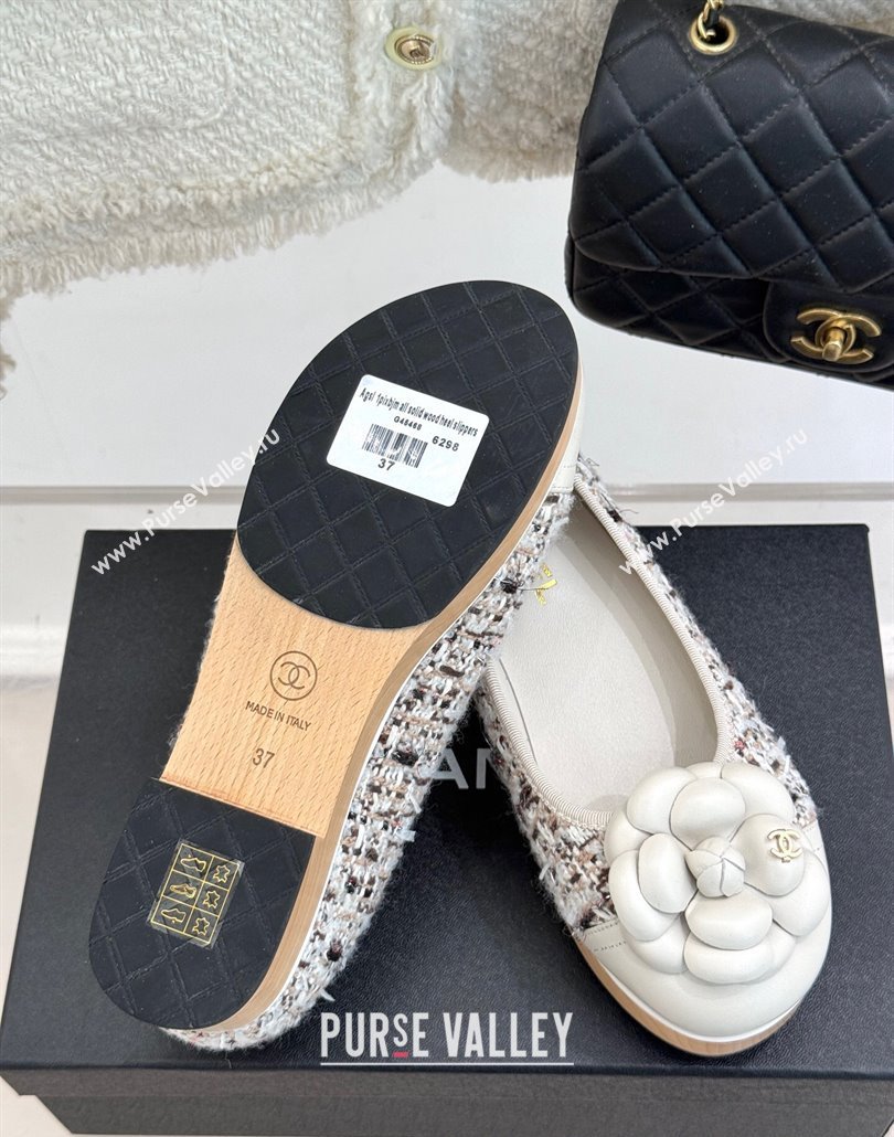 Chanel Tweed Wood-Like Loafers 4cm with Camellia Bloom White/Brown 2025 CH030305 (MD-250303044)
