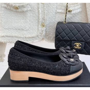 Chanel Tweed Wood-Like Loafers 4cm with Camellia Bloom Black2 2025 CH030305 (MD-250303045)
