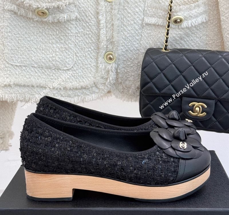 Chanel Tweed Wood-Like Loafers 4cm with Camellia Bloom Black2 2025 CH030305 (MD-250303045)