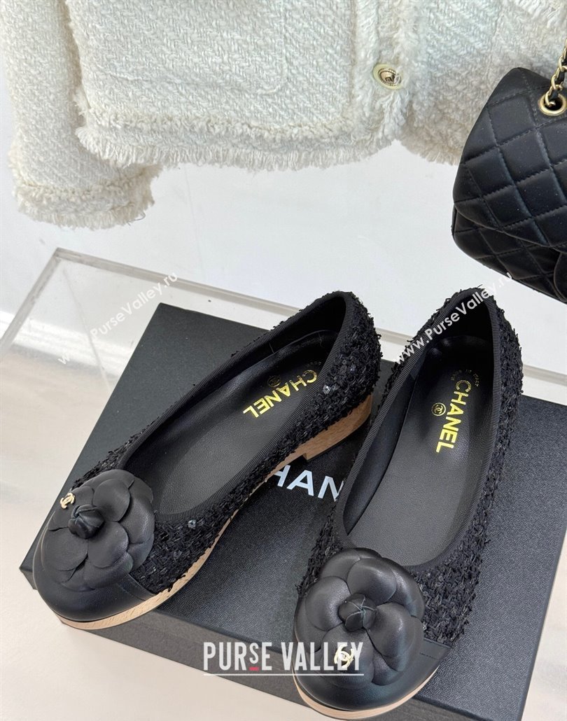 Chanel Tweed Wood-Like Loafers 4cm with Camellia Bloom Black2 2025 CH030305 (MD-250303045)