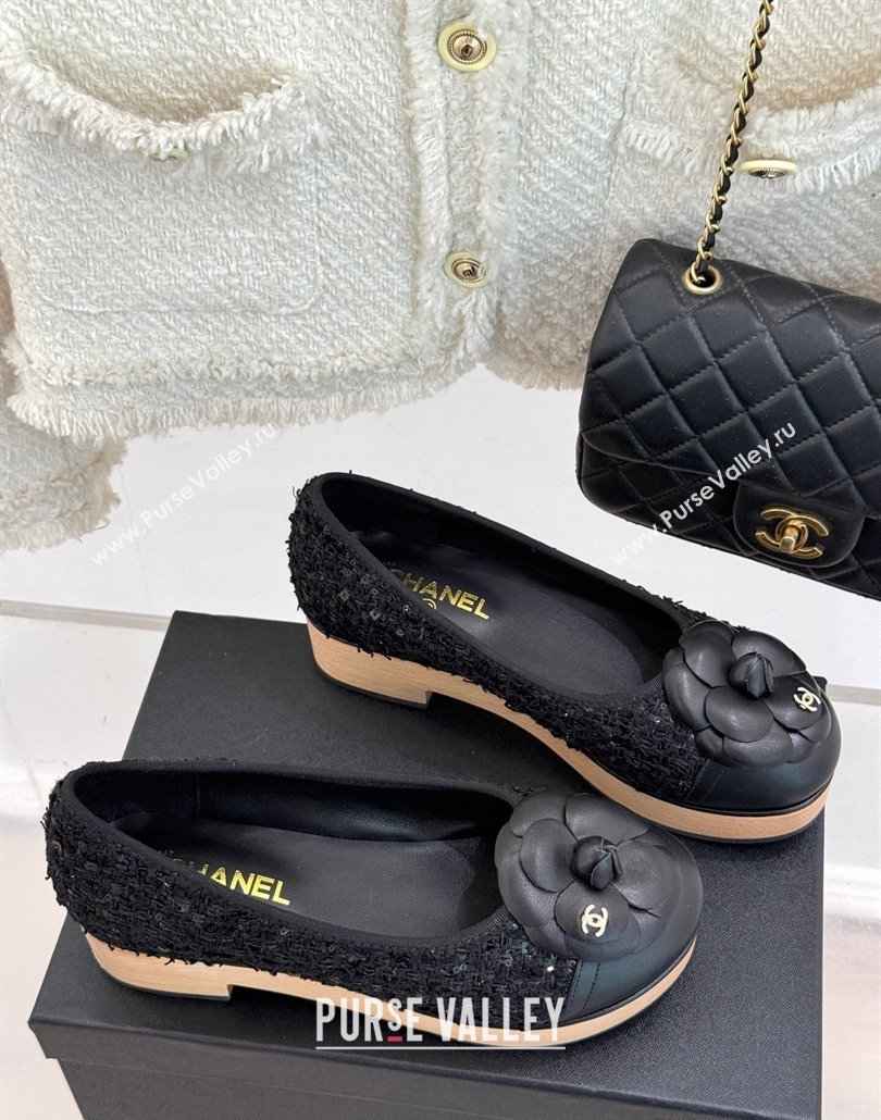 Chanel Tweed Wood-Like Loafers 4cm with Camellia Bloom Black2 2025 CH030305 (MD-250303045)
