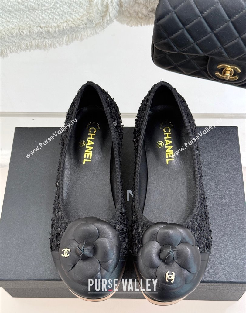 Chanel Tweed Wood-Like Loafers 4cm with Camellia Bloom Black2 2025 CH030305 (MD-250303045)