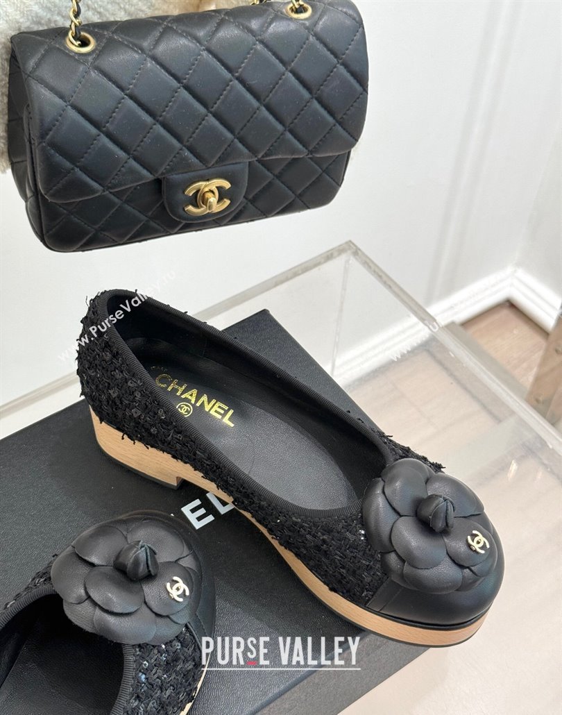 Chanel Tweed Wood-Like Loafers 4cm with Camellia Bloom Black2 2025 CH030305 (MD-250303045)
