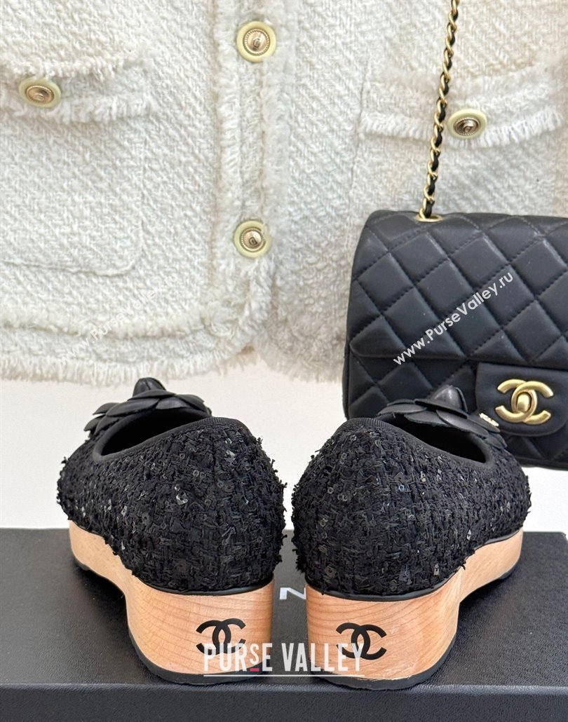 Chanel Tweed Wood-Like Loafers 4cm with Camellia Bloom Black2 2025 CH030305 (MD-250303045)