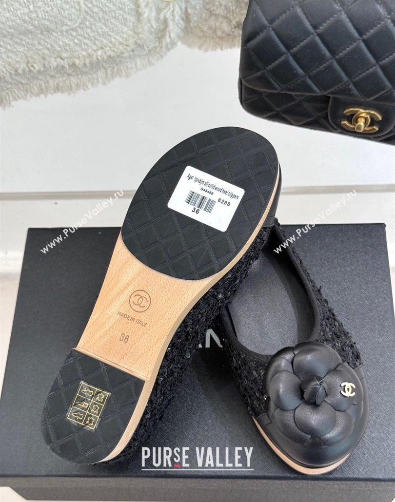 Chanel Tweed Wood-Like Loafers 4cm with Camellia Bloom Black2 2025 CH030305 (MD-250303045)