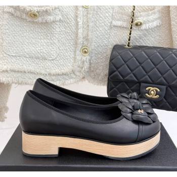 Chanel Calfskin Wood-Like Loafers 4cm with Camellia Bloom Black2 2025 CH030305 (MD-250303046)