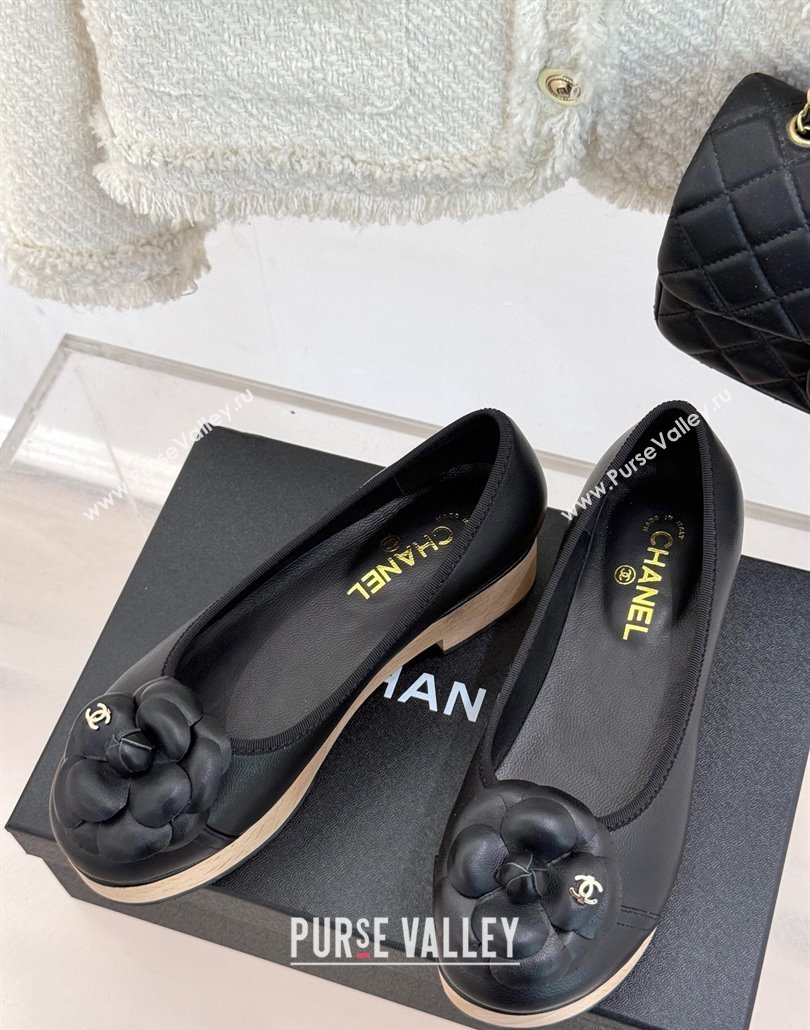 Chanel Calfskin Wood-Like Loafers 4cm with Camellia Bloom Black2 2025 CH030305 (MD-250303046)