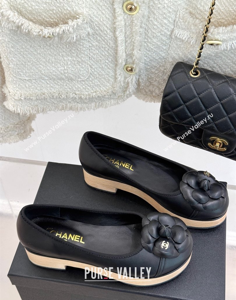 Chanel Calfskin Wood-Like Loafers 4cm with Camellia Bloom Black2 2025 CH030305 (MD-250303046)