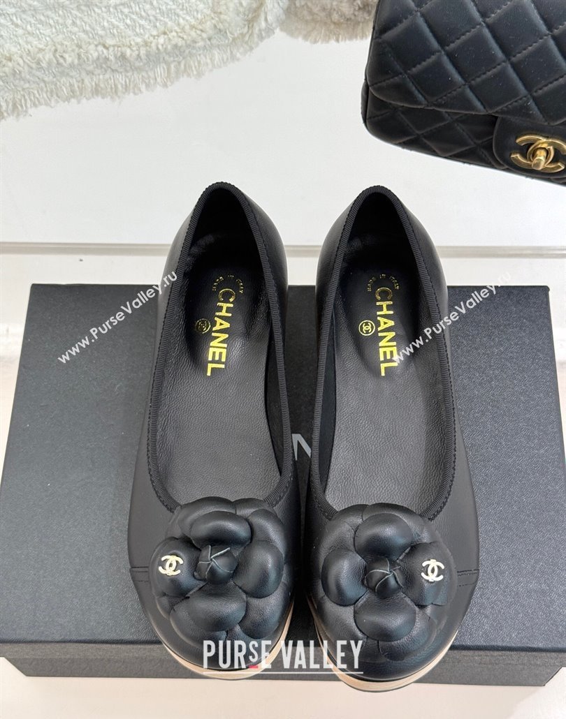 Chanel Calfskin Wood-Like Loafers 4cm with Camellia Bloom Black2 2025 CH030305 (MD-250303046)