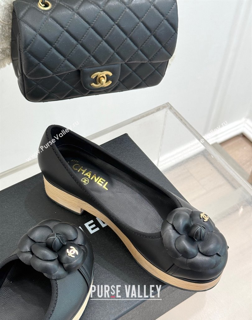 Chanel Calfskin Wood-Like Loafers 4cm with Camellia Bloom Black2 2025 CH030305 (MD-250303046)