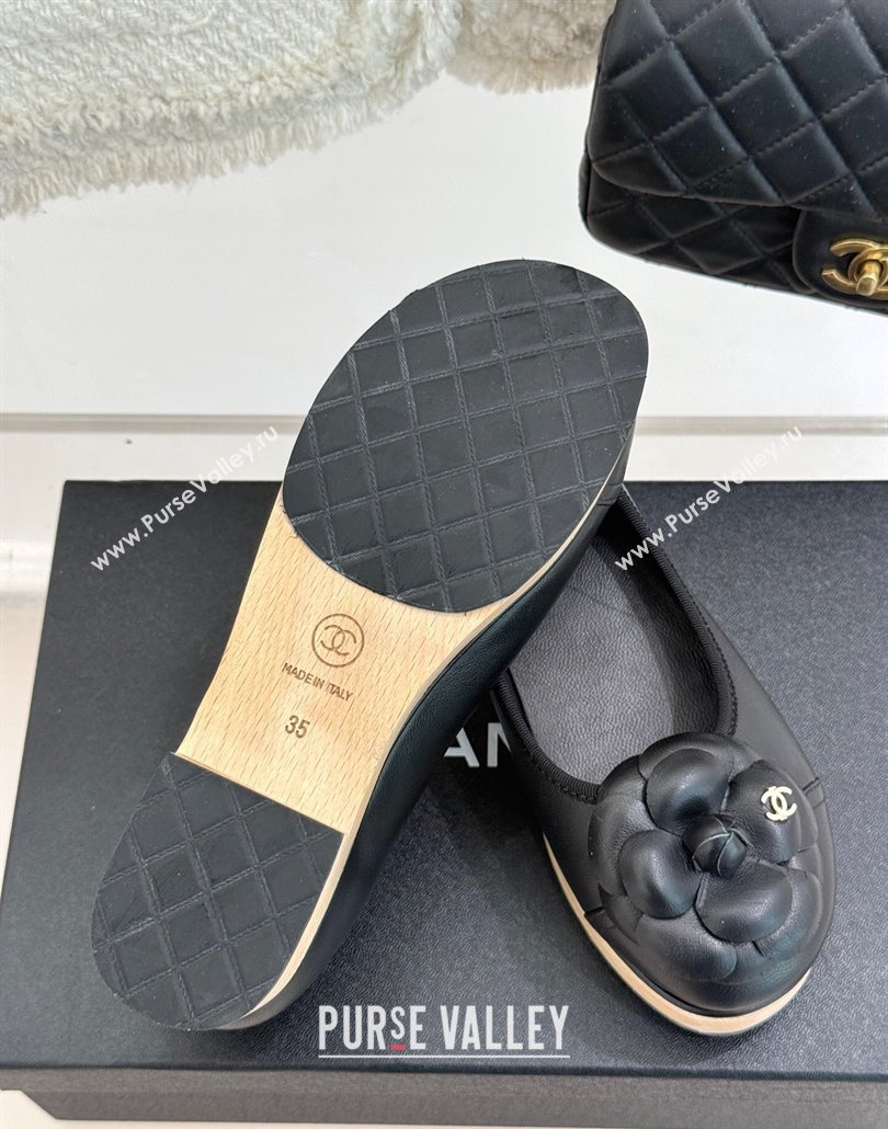 Chanel Calfskin Wood-Like Loafers 4cm with Camellia Bloom Black2 2025 CH030305 (MD-250303046)
