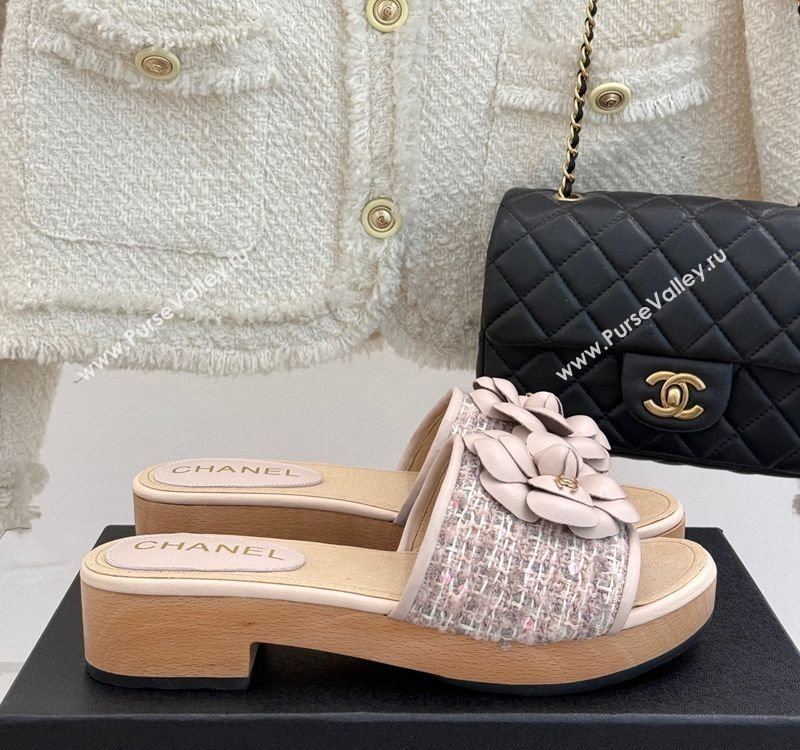 Chanel Calfskin Wood-Like Platform Slides Sandal 4cm with Camellia Bloom Pale Pink 2025 CH030305 (MD-250303051)