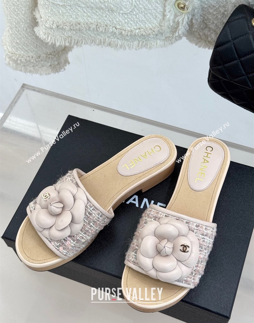 Chanel Calfskin Wood-Like Platform Slides Sandal 4cm with Camellia Bloom Pale Pink 2025 CH030305 (MD-250303051)