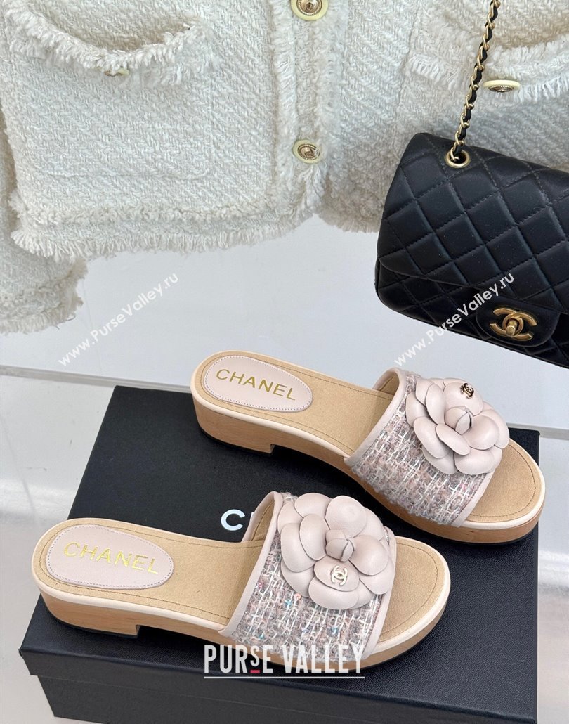 Chanel Calfskin Wood-Like Platform Slides Sandal 4cm with Camellia Bloom Pale Pink 2025 CH030305 (MD-250303051)