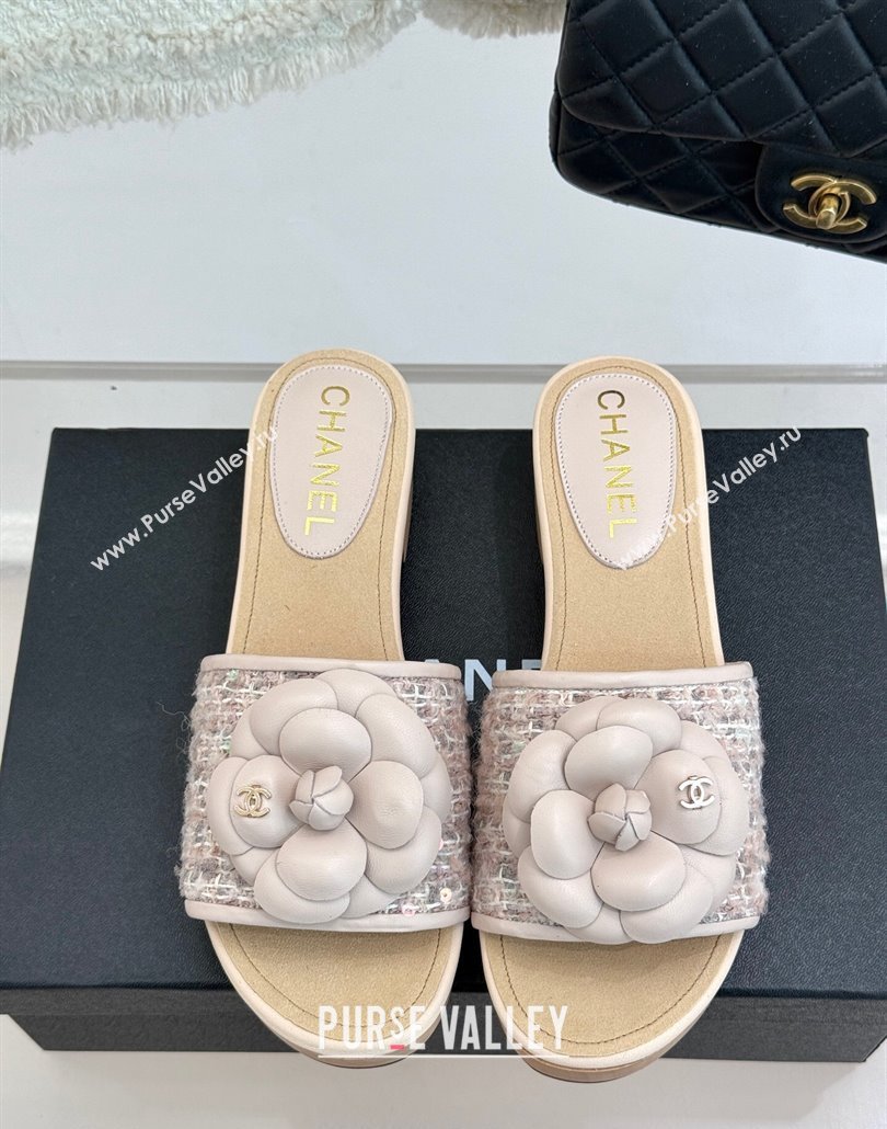 Chanel Calfskin Wood-Like Platform Slides Sandal 4cm with Camellia Bloom Pale Pink 2025 CH030305 (MD-250303051)