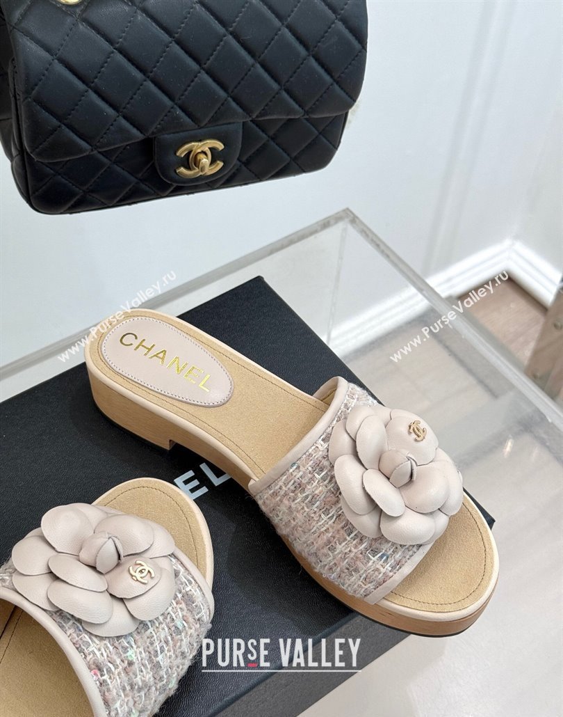 Chanel Calfskin Wood-Like Platform Slides Sandal 4cm with Camellia Bloom Pale Pink 2025 CH030305 (MD-250303051)