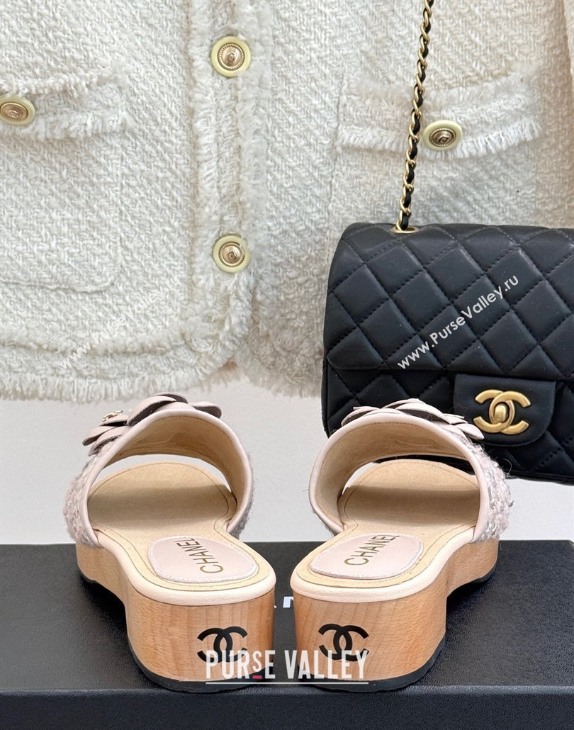 Chanel Calfskin Wood-Like Platform Slides Sandal 4cm with Camellia Bloom Pale Pink 2025 CH030305 (MD-250303051)