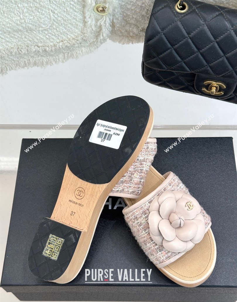Chanel Calfskin Wood-Like Platform Slides Sandal 4cm with Camellia Bloom Pale Pink 2025 CH030305 (MD-250303051)