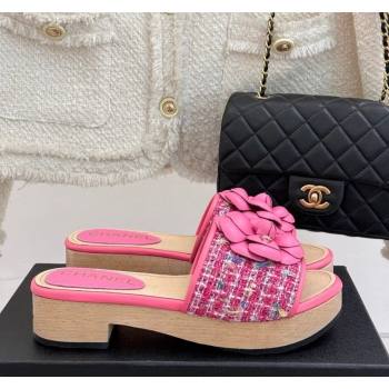 Chanel Calfskin Wood-Like Platform Slides Sandal 4cm with Camellia Bloom Dark Pink 2025 CH030305 (MD-250303052)