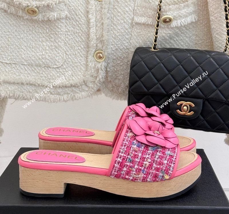 Chanel Calfskin Wood-Like Platform Slides Sandal 4cm with Camellia Bloom Dark Pink 2025 CH030305 (MD-250303052)