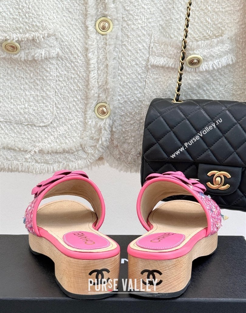 Chanel Calfskin Wood-Like Platform Slides Sandal 4cm with Camellia Bloom Dark Pink 2025 CH030305 (MD-250303052)